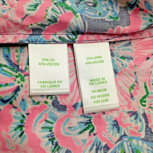 Lilly Pulitzer Shirt Top Small Split Neck Popover Pink Print Smocked Cuff Linen - Picture 7 of 8